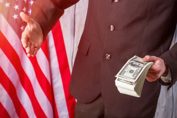 American flag, businessman and cash. — Stock Photo, Image