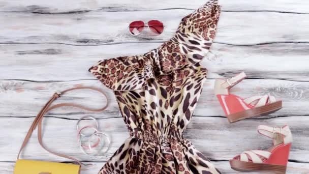 Leopardí šaty a klín sandály. — Stock video