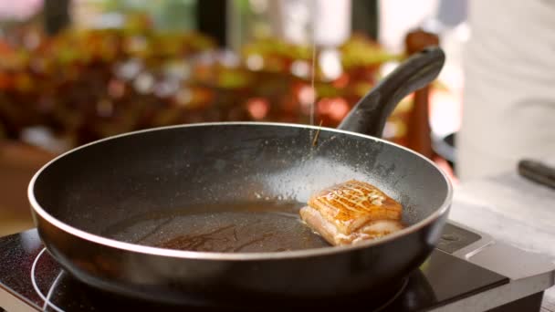 Kött och örter på pan. — Stockvideo