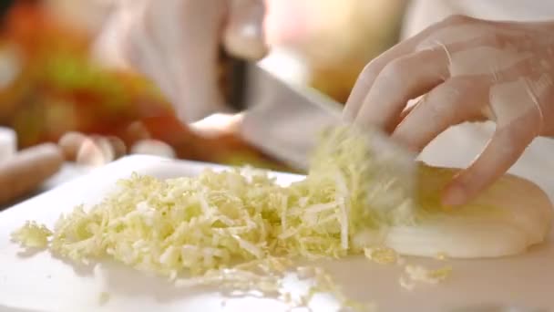 Hand with knife cuts cabbage. — Stock Video
