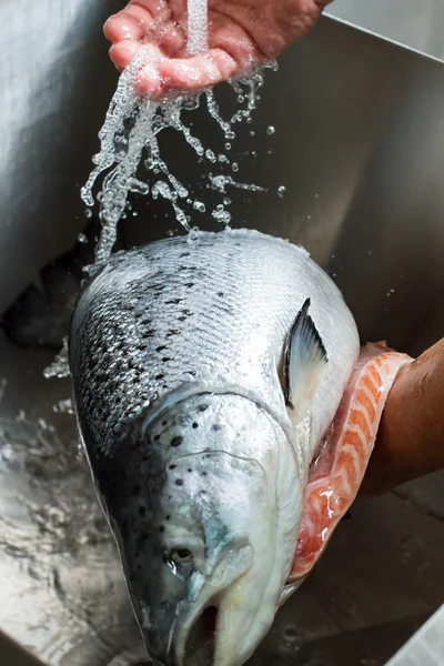 Ruka člověka praní ryb. — Stock fotografie