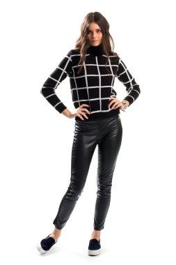 Lady in black checkered sweater. clipart