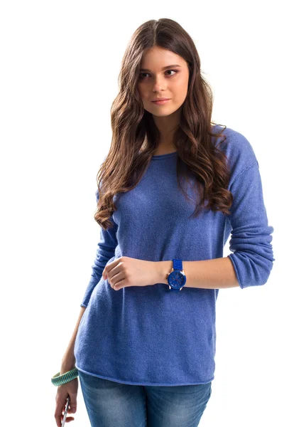 Lady in blauwe trui. — Stockfoto
