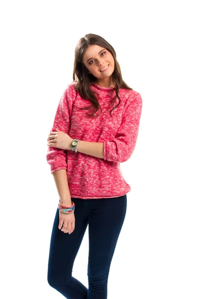 Donna in pullover rosa sorridente . — Foto Stock