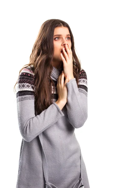Girl covers face with hand. — Stock Photo, Image