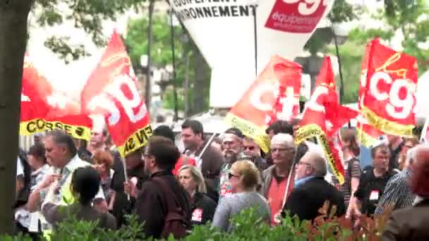 Des manifestants avec des drapeaux marchent . — Video