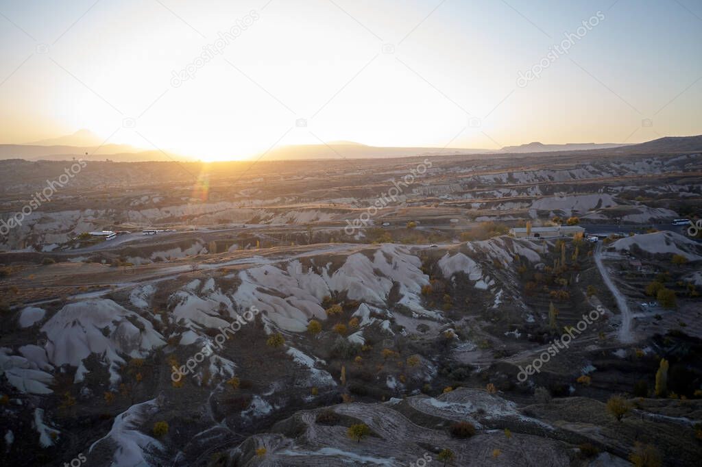 Morning sunrise over mountains landscape at Cappadocia.