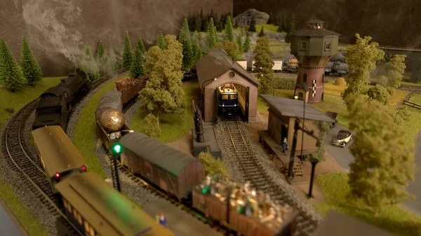 Toy cargo trains in the depot. — Stock Photo, Image