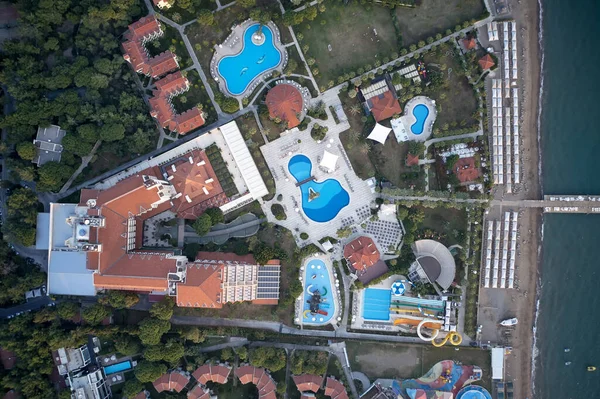 Aerial view of water park and coastline of resort hotel. — Stock Photo, Image