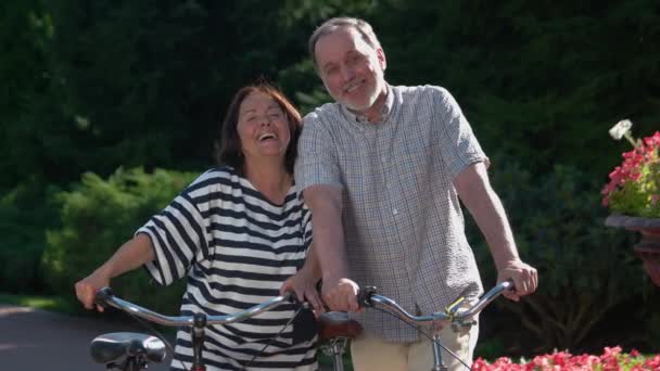 Feliz pareja de ancianos con bicicletas divirtiéndose en el parque de la ciudad. — Vídeos de Stock