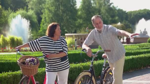 Alegre pareja mayor con bicicletas en el parque de verano. — Vídeo de stock