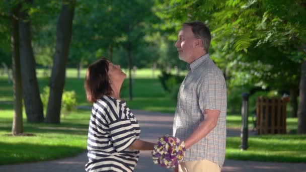 Idősebb pár csókolózik a parkban. — Stock videók
