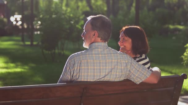 Feliz casal sênior sentado no banco no parque. — Vídeo de Stock