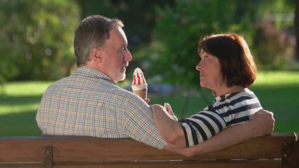 Couple de personnes âgées mangeant une glace sur un banc au parc. — Video