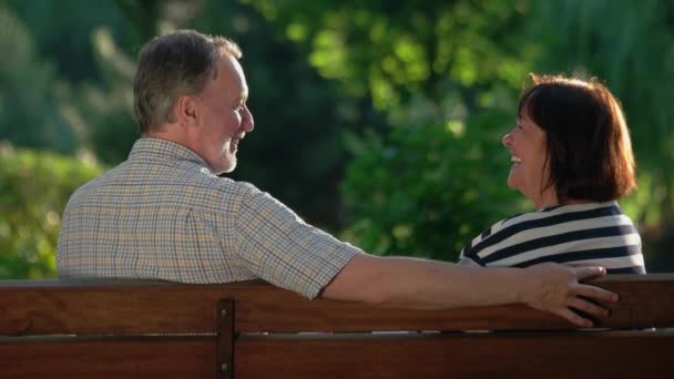Starsza para śmieje się siedząc na ławce w letnim parku. — Wideo stockowe