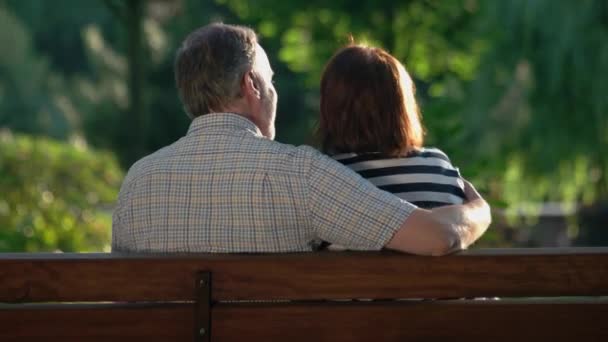 Vue arrière du couple d'âge mûr romantique sur banc au parc. — Video