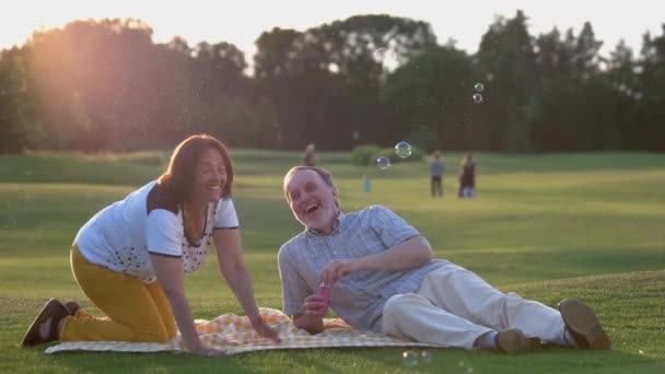 Playful senior couple blowing bubbles outdoor. — Stock Video