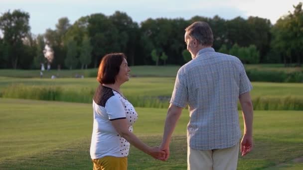 Pareja mayor enamorada sobre hermoso fondo de la naturaleza. — Vídeos de Stock