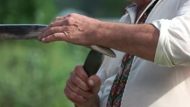 Hombre afilando su guadaña de cerca. — Vídeo de stock