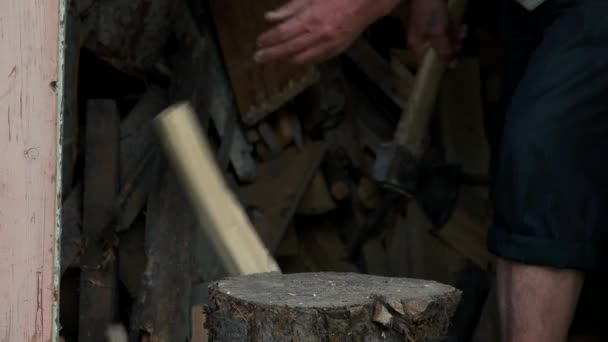 Seorang pria memotong kayu dengan kapak. — Stok Video