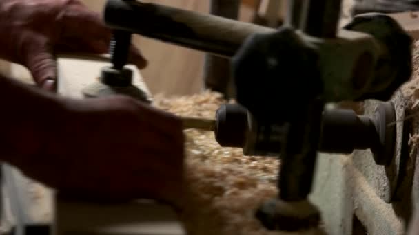 Timmerlieden handen met behulp van professionele houtbewerking machine. — Stockvideo