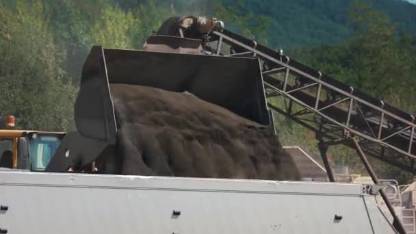 Grävmaskin lastning grus i dumper lastbil. — Stockvideo