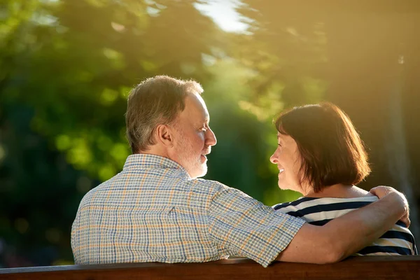 Back view loving couple sitting in the park. — Stock Photo, Image