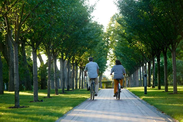 Pareja jubilada montando bicicletas en el parque. — Foto de Stock