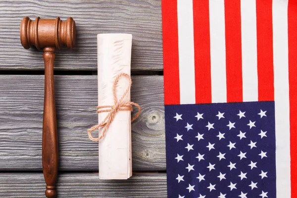 Usa flag with gavel and scroll. — Stock Photo, Image