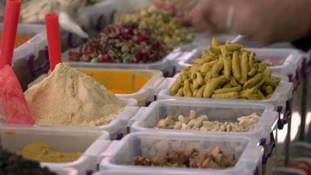 Exibição de sementes secas, nozes, frutas e especiarias em um mercado local na Turquia. — Vídeo de Stock