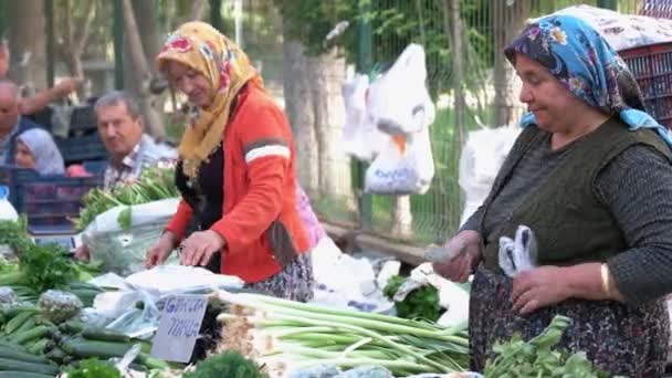 Muzułmanki sprzedające warzywa na tureckim targu. — Wideo stockowe