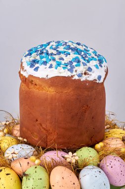 Renkli yumurta yuvasında Paskalya keki.
