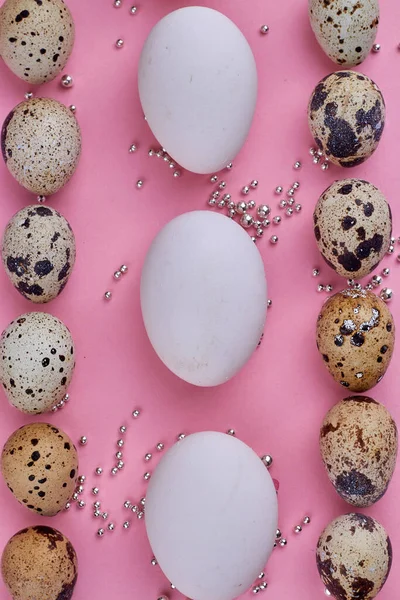 鸡蛋和鹌鹑蛋排成直线. — 图库照片