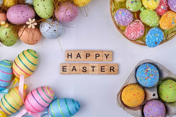 Colored easter eggs on white background.