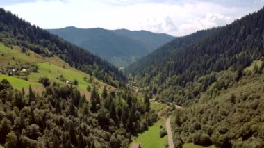 Bulutlu arka planda ormanlı dağ zirveleri.