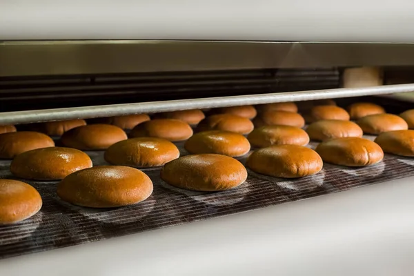 Pães na linha de produção da padaria. — Fotografia de Stock