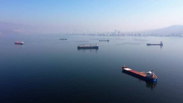 Vista aérea de navios de carga vazios no mar. Edifícios da cidade ao fundo. — Vídeo de Stock