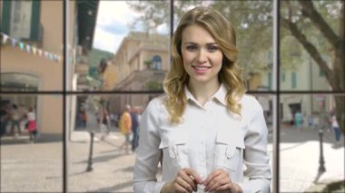 Successful business woman working on virtual screen.