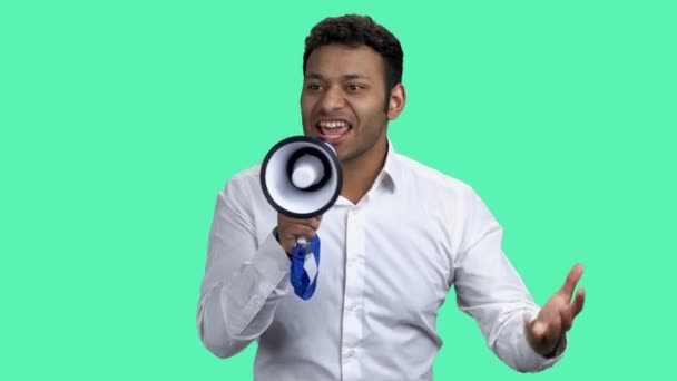 Emotional businessman talking into megaphone. — Vídeos de Stock