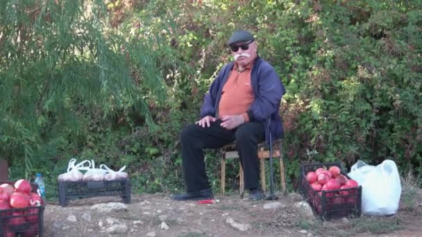 Старший турецкий фермер, продающий гранатовые фрукты на улице. — стоковое видео