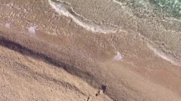 Вид с воздуха на песчаный пляж и прозрачную океанскую воду. — стоковое видео