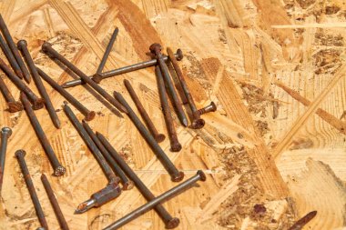 Kontrplak arka planda birçok metal çivi düz yatıyordu.