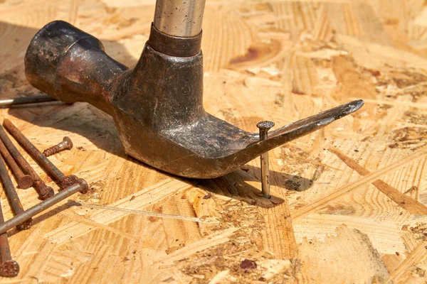 Nahaufnahme Metall-Hammer mit Nägeln auf Sperrholzhintergrund. — Stockfoto
