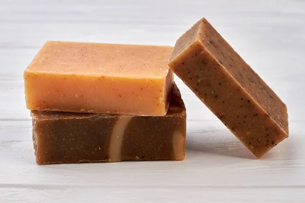 Close-up brown handmande craft soap on white desk. — Stock Photo, Image