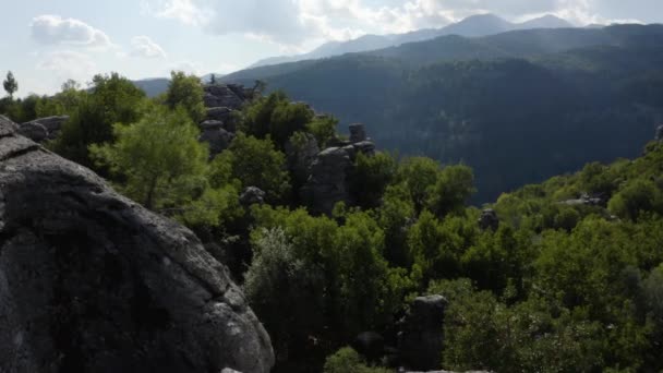 Natursköna landskap utsikt över klippiga klippor med gröna träd omgivna av berg. — Stockvideo