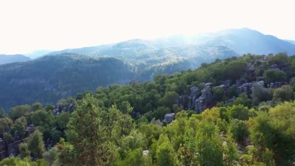 Paysage montagneux pittoresque un jour d'été. Pentes montagneuses boisées avec formations rocheuses. — Video