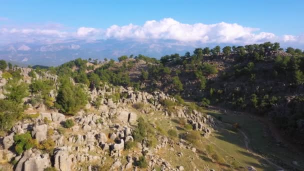 Dağ vadisi manzarası ve kaya oluşumları. İHA 'dan hava görüntüsü. — Stok video