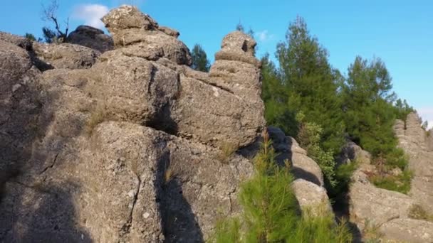 Bergen landschap met majestueuze rotsformaties en groenblijvende bomen. — Stockvideo