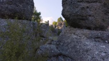 Gri kayalık kolonları ve yeşil ağaçları olan bir vadi. Güzel jeolojik oluşum arkaplanı.