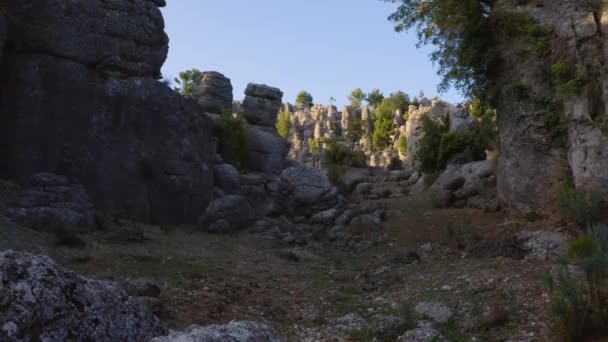 Tájkép festői geológiai képződményekkel és örökzöld fákkal. — Stock videók